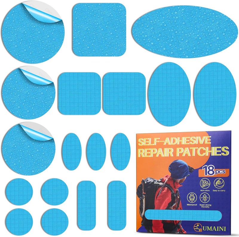 umaini Down Jacket Repair Patch Kit, Outdoor Gear Tenacious Repair Tape, Self Adhesive Fabric Patches for Clothes, Waterproof Ripstop Nylon Fabric Patch for Puffer Jacket, Coat, Tent (18 Pcs, Sky Blue) - Image 1